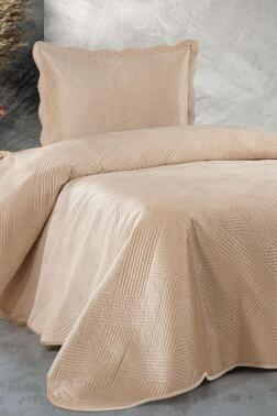 Gona Lüks Kadife Tek Kişilik Yatak Örtüsü Bej - Çeyiz Diyarı