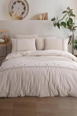 Grace 6 Parça %100 Pamuk Çift Kişilik Nevresim Takımı Bej - Çeyiz Diyarı