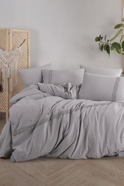 Grace 6 Parça %100 Pamuk Çift Kişilik Nevresim Takımı Gri - Çeyiz Diyarı