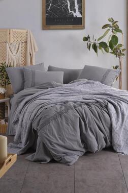 Grace 7 Parça %100 Pamuk Çift Kişilik Pikeli Nevresim Takımı Antrasit - Çeyiz Diyarı