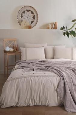 Grace 7 Parça %100 Pamuk Çift Kişilik Pikeli Nevresim Takımı Bej - Çeyiz Diyarı