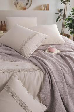 Grace 7 Parça %100 Pamuk Çift Kişilik Pikeli Nevresim Takımı Bej - Çeyiz Diyarı (1)