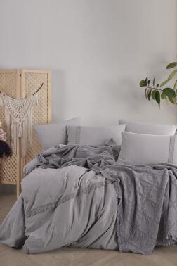 Grace 7 Parça %100 Pamuk Çift Kişilik Pikeli Nevresim Takımı Gri - Çeyiz Diyarı