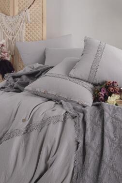 Grace 7 Parça %100 Pamuk Çift Kişilik Pikeli Nevresim Takımı Gri - Çeyiz Diyarı (1)