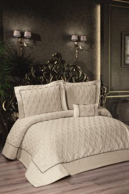 Harley Dolgulu Şönil Çift Kişilik Yatak Örtüsü Cappucino - Çeyiz Diyarı