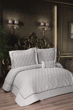 Harley Dolgulu Şönil Çift Kişilik Yatak Örtüsü Gri - Çeyiz Diyarı