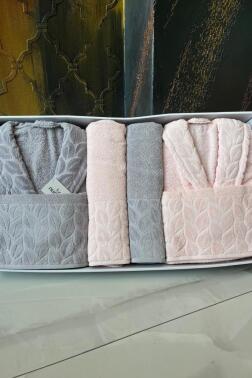 Hazal 8 Parça Aile Bornoz Takımı Gri Pudra - Çeyiz Diyarı