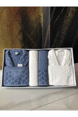 Hazal 8 Parça Aile Bornoz Takımı Krem Mavi - Çeyiz Diyarı