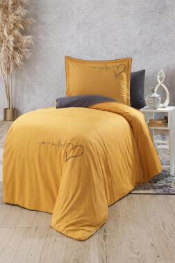 Heart Çift Taraflı Tek Kişilik Nevresim Takımı Hardal - Çeyiz Diyarı