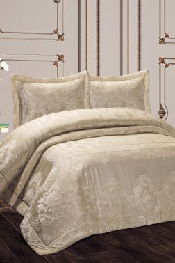 Hisar Dolgulu Kadife Çift Kişilik Yatak Örtüsü Bej - Çeyiz Diyarı