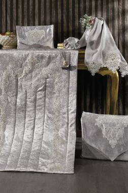 Hüma Kadife Seccade Seti Gri - Çeyiz Diyarı