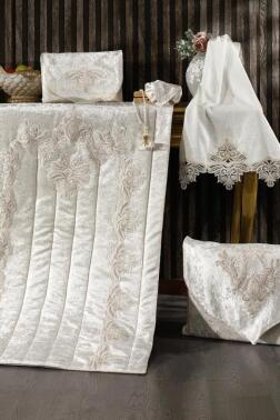 Hüma Kadife Seccade Seti Krem - Çeyiz Diyarı