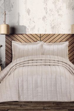 İnci Dolgulu Kadife Çeyizlik Çift Kişilik Yatak Örtüsü Bej - Çeyiz Diyarı
