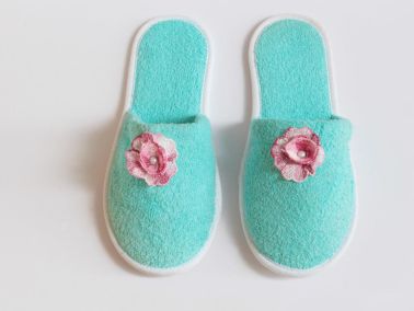 İncili Pembe Gül Desenli Terlik Mint - Çeyiz Diyarı