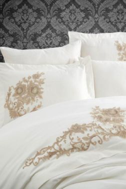 Jenna Nakışlı Pamuk Saten Çift Kişilik Nevresim Takımı Krem - Dantela