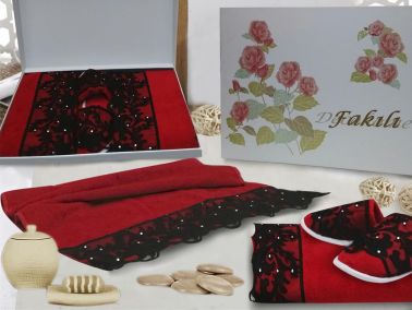 Kadife Dantelli Taşlı Hamam Seti - Çeyiz Diyarı