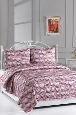 Kalpten Ultrasonik Kapitoneli 5D Baskılı Çift Kişilik Yatak Örtüsü Pembe - Çeyiz Diyarı