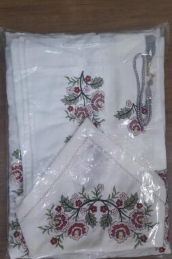 Kanaviçe İşlemeli Bohça Seti Çiçek Kırmızı - Çeyiz Diyarı