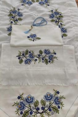 Kanaviçe İşlemeli Bohça Seti Çiçek Mavi - Çeyiz Diyarı