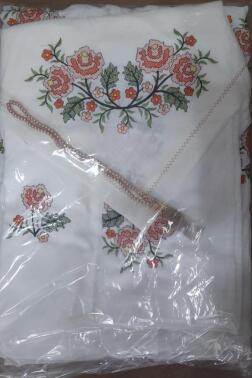 Kanaviçe İşlemeli Bohça Seti Çiçek Turuncu - Çeyiz Diyarı