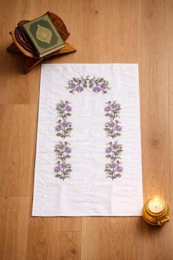 Kanaviçe İşlemeli Gardenya 70x135 cm Seccade Lila - Çeyiz Diyarı