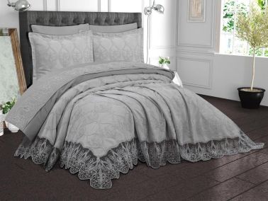 Kapadokya 6 Parça Şönil Nakışlı Pike Takımı Gri - Çeyiz Diyarı