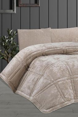 Karelim Kadife Comforter Çift Kişilik Yorgan Seti Bej - 1