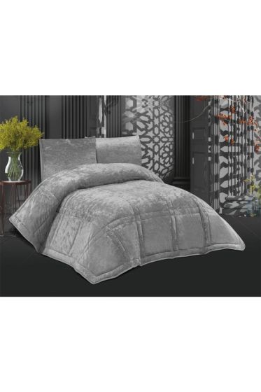 Karelim Kadife Comforter Çift Kişilik Yorgan Seti Gri - Çeyiz Diyarı (1)