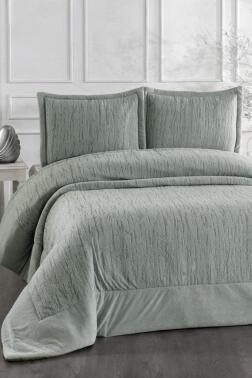 Karmen Elyaf Dolgulu Çift Kişilik 250x255 Cm Yatak Örtüsü Adaçayı - Çeyiz Diyarı