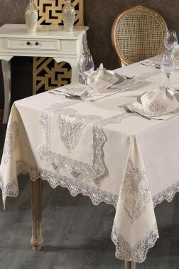 Katre Fransız Dantelli Keten Yemek Takımı - 26 Parça Cappucino - Çeyiz Diyarı