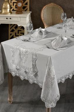 Katre Fransız Dantelli Keten Yemek Takımı - 26 Parça Gri - Çeyiz Diyarı