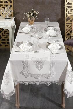 Katre Fransız Dantelli Keten Yemek Takımı - 26 Parça Krem - Çeyiz Diyarı
