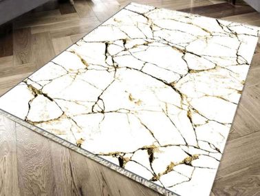 Kaymaz Taban Dijital Baskı Kadife Halı Crack Wall Beyaz Gold 100x200 Cm - Çeyiz Diyarı