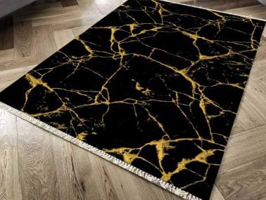 Kaymaz Taban Dijital Baskı Kadife Halı Crack Wall Siyah Gold 100x200 cm - Çeyiz Diyarı