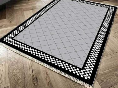 Kaymaz Taban Dijital Baskı Kadife Halı Dama Gri 100x300 cm - Çeyiz Diyarı