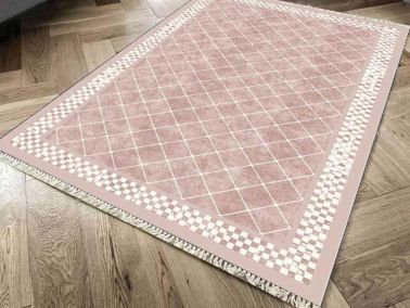 Kaymaz Taban Dijital Baskı Kadife Halı Dama Pudra 80x300 cm - Çeyiz Diyarı