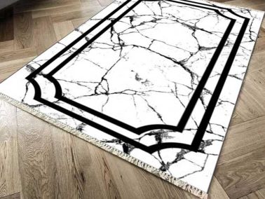 Kaymaz Taban Dijital Baskı Kadife Halı Linear Stone Beyaz 100x200 cm - Çeyiz Diyarı