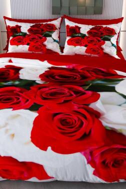 Kırmızı Beyaz Mikro Saten 3D Dijital Baskılı Çift Kişilik Nevresim Takımı - Çeyiz Diyarı
