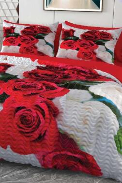 Kırmızı Beyaz Mikro Saten 3D Dijital Baskılı Dört Mevsim Çift Kişilik Nevresim Takımı - Çeyiz Diyarı