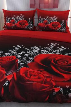 Kırmızı Gül Mikro Saten 3D Dijital Baskılı Çift Kişilik Nevresim Takımı - Çeyiz Diyarı