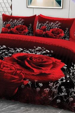 Kırmızı Gül Mikro Saten 3D Dijital Baskılı Dört Mevsim Çift Kişilik Nevresim Takımı - Çeyiz Diyarı