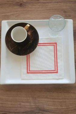 Kırmızılım Nakışlı Keten Kare Bardak Altlığı Seti 6 Lı - Çeyiz Diyarı