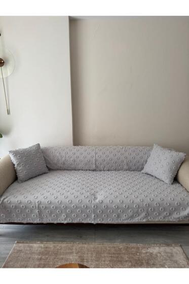 Konik Kırlent Kılıfı Hediyeli 170x210 cm Pamuklu Koltuk Örtüsü Gri - Çeyiz Diyarı