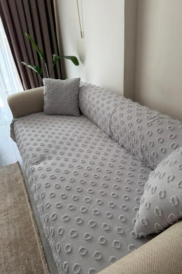 Konik Kırlent Kılıfı Hediyeli 170x210 cm Pamuklu Koltuk Örtüsü Gri - Çeyiz Diyarı (1)