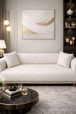 Konik Kırlent Kılıfı Hediyeli 170x210 cm Pamuklu Koltuk Örtüsü Krem - Çeyiz Diyarı