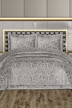 Laçin Dolgulu Kadife Çift Kişilik Yatak Örtüsü Gri - Çeyiz Diyarı