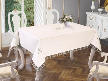 Lale Nakışlı Dantelli Dikdörtgen Masa Örtüsü Krem Krem - Çeyiz Diyarı