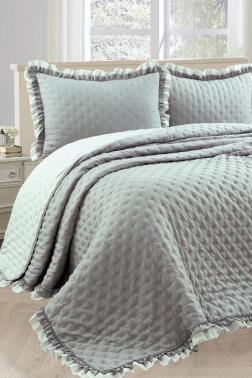 Lamina Fırfırlı Elyaf Dolgulu Çift Kişilik 240x260 Cm Yatak Örtüsü Gri - Çeyiz Diyarı