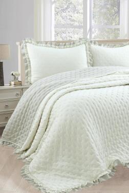 Lamina Fırfırlı Elyaf Dolgulu Çift Kişilik 240x260 Cm Yatak Örtüsü Krem - Çeyiz Diyarı