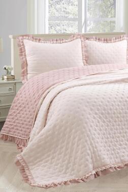 Lamina Fırfırlı Elyaf Dolgulu Çift Kişilik 240x260 Cm Yatak Örtüsü Pudra - Çeyiz Diyarı